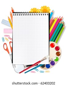 Back to school. Notepad with school supplies. Vector.