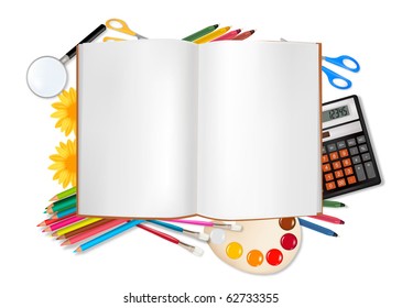 Back to school. Notepad with school supplies. Vector.