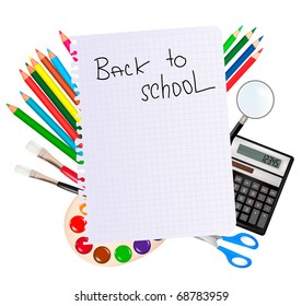 Back to school. Notepad with school supplies. Vector.