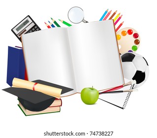 Back to school. Notepad with school supplies. Vector.