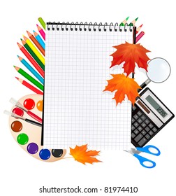 Back to school. Notepad with school supplies. Vector.