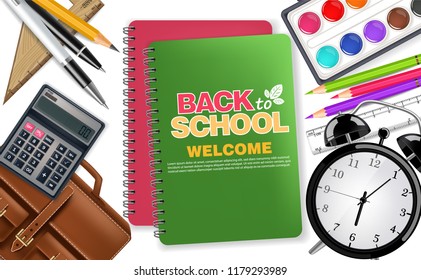 Back to school Notes book and Alarm clock Vector realistic top view. Bag, watercolor palette, pencils, crayons. Detailed 3d illustrations