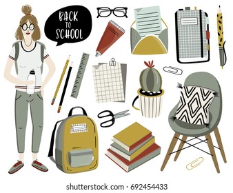 Back to school objects, clip art in Scandinavian style. Vector quote "Back to school", girl, student, supplies, books. 