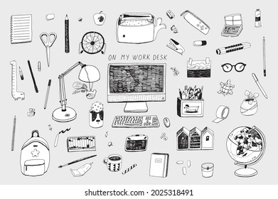 Back to school objects: globe, backpack, notebook, pen, paint vector illustrations set