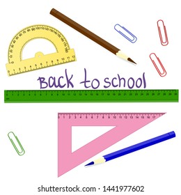 Back to school. School objects on white background. Colored pencils, ruler, 
paper clips, protractor. School supplies. Vector illustration.