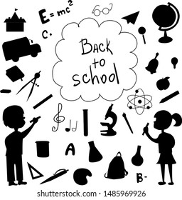 Back to school objects (silhouettes) isolated on white backround. Set of black and white elements