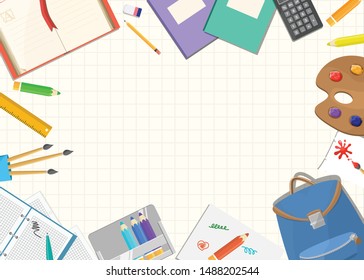 Back to school. School (office) supplies on grid background