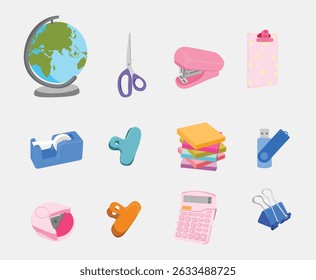 Back to School and Office Supplies Set with Globe, Calculator, and Stationery Essentials .