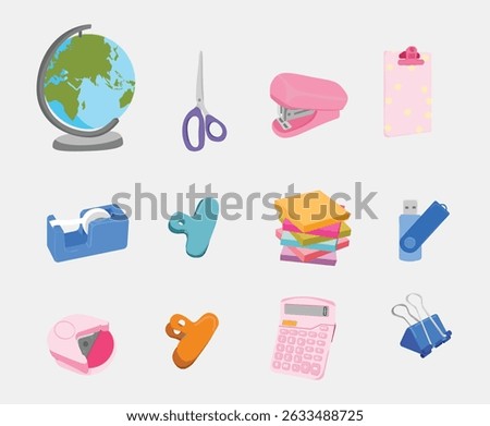 Back to School and Office Supplies Set with Globe, Calculator, and Stationery Essentials .