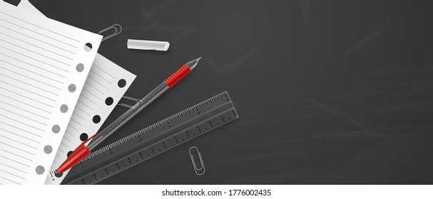Back to school, office, university utilities 3d realistic flat lay illustration banner with copy space vector