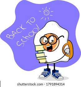 Back to school omelette character with many books in hands. Funny pupil