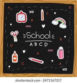 Back to school on blackboard background. Vector illustration.