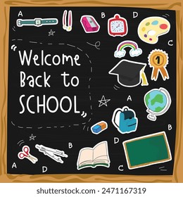 Back to school on blackboard background. Vector illustration.
