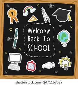 Back to school on blackboard background. Vector illustration.