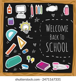 Back to school on blackboard background. Vector illustration.