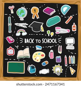 Back to school on blackboard background. Vector illustration.