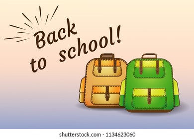 back to school on bright background with green and brown backpack, vector illustration