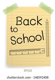 Back to school on brown paper with tape. Vector illustration.