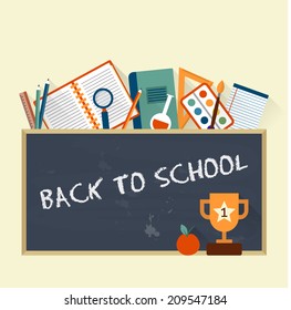 Back to school on chalkboard and items for studying. Vector flat style illustration.