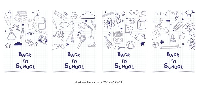 Back to school on grid background with cute blue doodle decoration for A4 vertical design 
