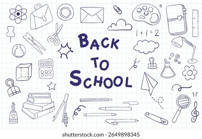 Regreso a la escuela en el Anuncio de la cuadrícula con la decoración azul linda del doodle para el diseño Horizontal 
