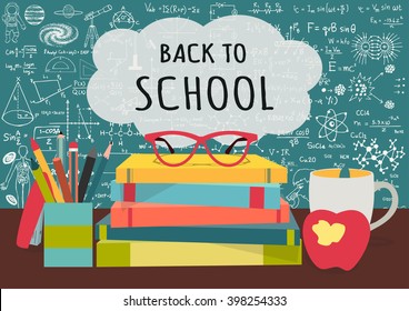 BACK TO SCHOOL on speech bubblesabove science books, pens box,apple and mug with science doodles on chalkboard background for banner, cards and voucher design elements