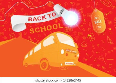 Back to School on the yellow bus. Super Sale 50% special offer. Set icons with ribbon and realistic light bulb with lighting. Flat Vector Illustration EPS10.