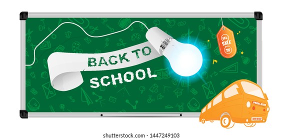 Back to School on the yellow bus. Super Sale 50% special offer. Set icons with ribbon and realistic light bulb with lighting. Flat Vector Illustration EPS10.