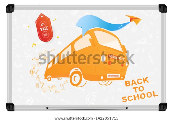 Back to School\
on the yellow bus. Super Sale 50% special offer. Set of icons on\
the background of the board for planning. The concept of education.\
Flat Vector Illustration\
EPS10.
