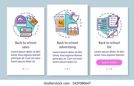 Back to school onboarding mobile app page screen with linear concepts. Return to studying walkthrough steps graphic instructions. UX, UI, GUI vector template with illustrations. Education advertising