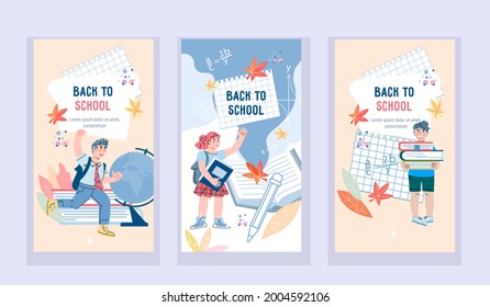 Back to school onboarding screens kit, cartoon flat vector illustration. Mobile pages collection with school children characters.