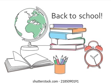 Back to school. One continuous line drawing of  globe, books stack, alarm clock and  pencils. Study space desk concept. Back to school. Single line draw design vector illustration
