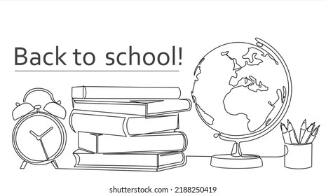 Back to school. One continuous line drawing of  globe, books stack, alarm clock and  pencils. Study space desk concept. Back to school. Single line draw design vector illustration