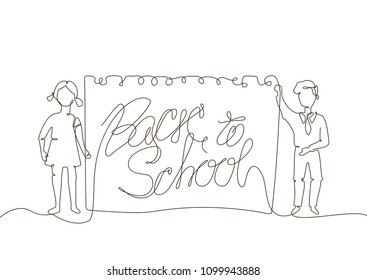 Back to school - one line design style illustration on white background. A composition with cute characters, happy boy and girl holding a banner