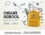 Back to school, online school banner, poster. Yellow backpack with school supplies on the background of a checkered paper with different doodle scientific icons, vector illustration