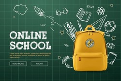 Back To School, Online School Banner, Poster. Yellow Backpack With School Supplies On The Background Of A Green Checkered Chalkboard With Different Doodle Scientific Icons, Vector Illustration
