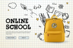 Back To School, Online School Banner, Poster. Yellow Backpack With School Supplies On The Background Of A Checkered Paper With Different Doodle Scientific Icons, Vector Illustration