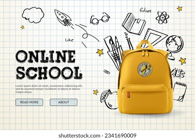 Back to school, online school banner, poster. Yellow backpack with school supplies on the background of a checkered paper with different doodle scientific icons, vector illustration