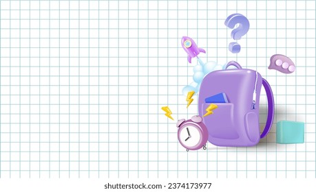 De vuelta a la escuela, pancarta en línea, afiche. Mochila con material escolar en el fondo de un papel a cuadros con diferentes iconos, ilustración vectorial