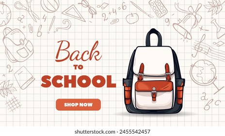 Back to school, online school banner, poster. Backpack and school supplies on the background of a checkered paper, vector illustration