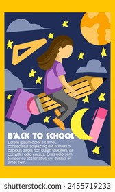 Regreso a la escuela, Anuncio escolar en línea, afiche. Mochila amarilla con útiles escolares en el fondo de un papel a cuadros con diferentes doodle iconos científicos, Ilustración vectorial