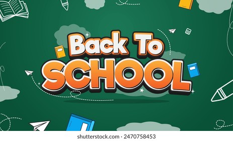 Back to school, online school banner, poster. cute and happy vibes with green and board background. Icon and school element set