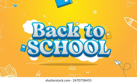 Back to school, online school banner, poster. cute and happy vibes with yellow background. Icon and school element set