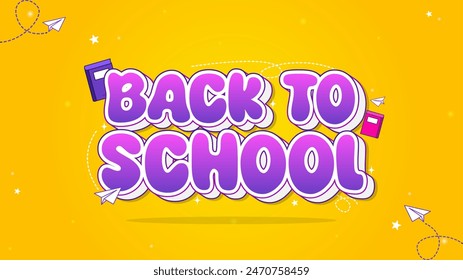 Back to school, online school banner, poster. happy, cute and playing style. yellow color background with drawing element