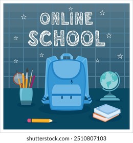 Back to school, online school banner, poster. Backpack with school supplies on checkered chalkboard background. flat vector modern illustration 