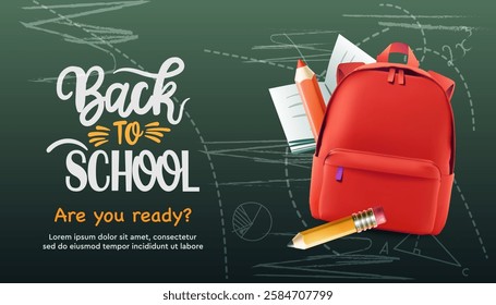 Back to school, online school banner, poster. Red backpack with pencils and school notepad on the green chalkboard background with different doodle scientific icons, vector illustration