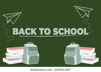 Back to school, online school banner, poster. Green backpack with school book and paper airplane on the background of a green chalkboard, vector illustration