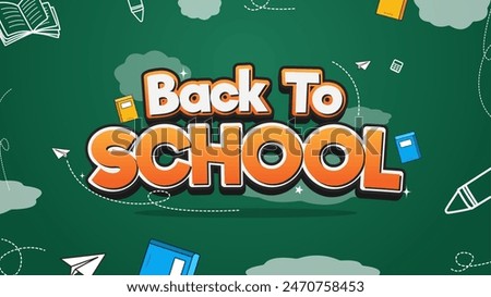 Back to school, online school banner, poster. cute and happy vibes with green and board background. Icon and school element set