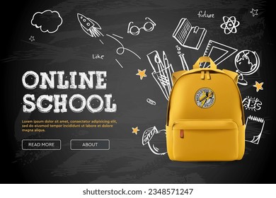 Back to school, online school banner. Yellow backpack with school supplies on the background of a black chalkboard with different doodle scientific icons, vector illustration