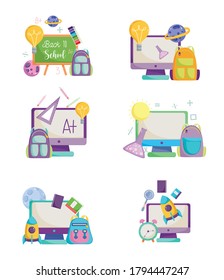 back to school, online computer bags chalkboard creativity elementary education cartoon icons vector illustration